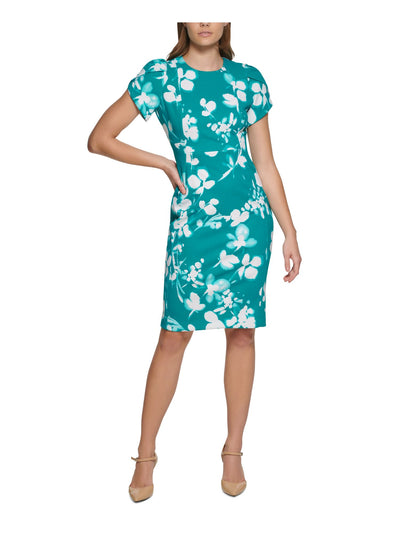 CALVIN KLEIN Womens Green Zippered Unlined Printed Petal Sleeve Jewel Neck Knee Length Wear To Work Sheath Dress Petites 4P