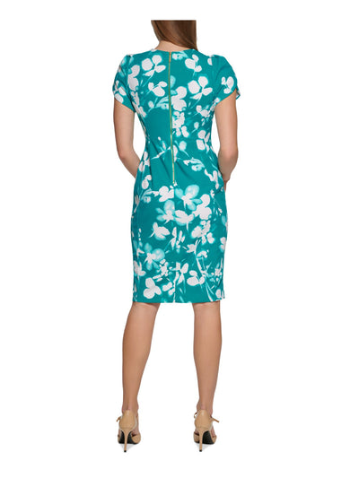 CALVIN KLEIN Womens Green Zippered Unlined Printed Petal Sleeve Jewel Neck Knee Length Wear To Work Sheath Dress Petites 4P