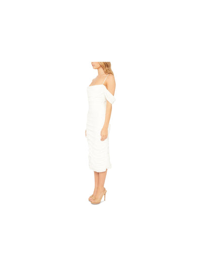 BARDOT Womens White Zippered Ruched Shoulder Straps Back Slit Elbow Sleeve Off Shoulder Midi Party Sheath Dress 8