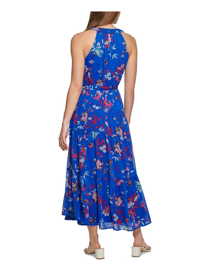 CALVIN KLEIN Womens Blue Zippered Lined Keyhole Back Floral Sleeveless Halter Tea-Length Shift Dress Petites 12P