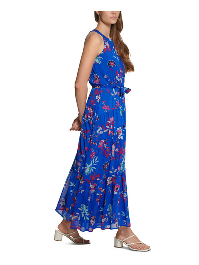 CALVIN KLEIN Womens Blue Zippered Lined Keyhole Back Floral Sleeveless Halter Tea-Length Shift Dress Petites 12P