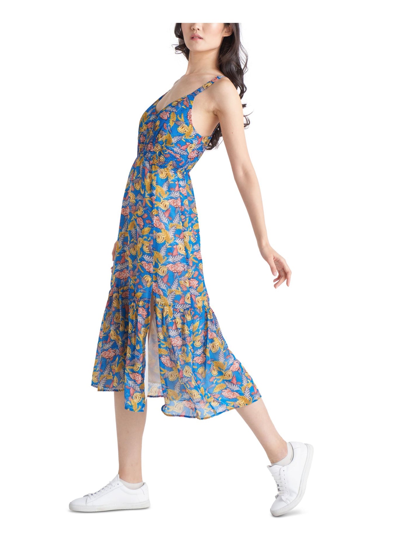 BLACK TAPE Womens Blue Smocked Slitted Tiered Skirt Lined Printed Sleeveless V Neck Midi Fit + Flare Dress XS