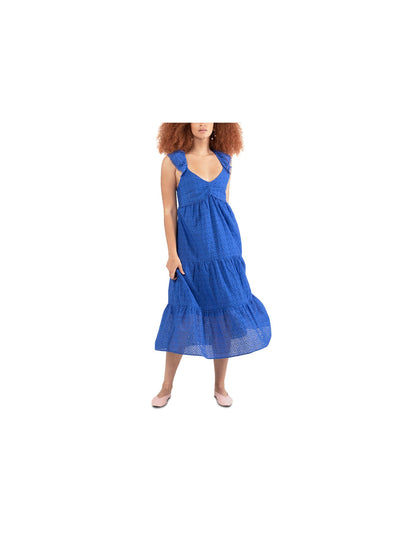 BLACK TAPE Womens Blue Eyelet Ruffled Smocked Tiered Pullover Lined Sleeveless V Neck Midi Fit + Flare Dress S