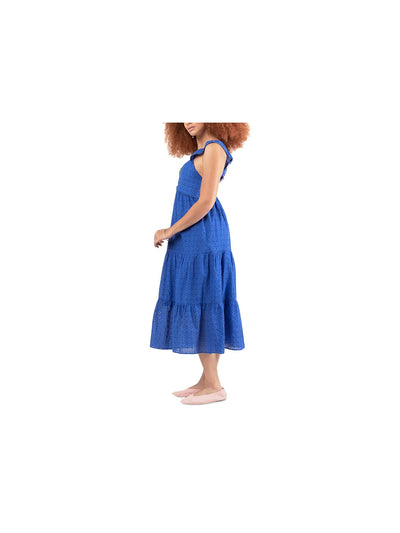 BLACK TAPE Womens Blue Eyelet Ruffled Smocked Tiered Pullover Lined Sleeveless V Neck Midi Fit + Flare Dress S