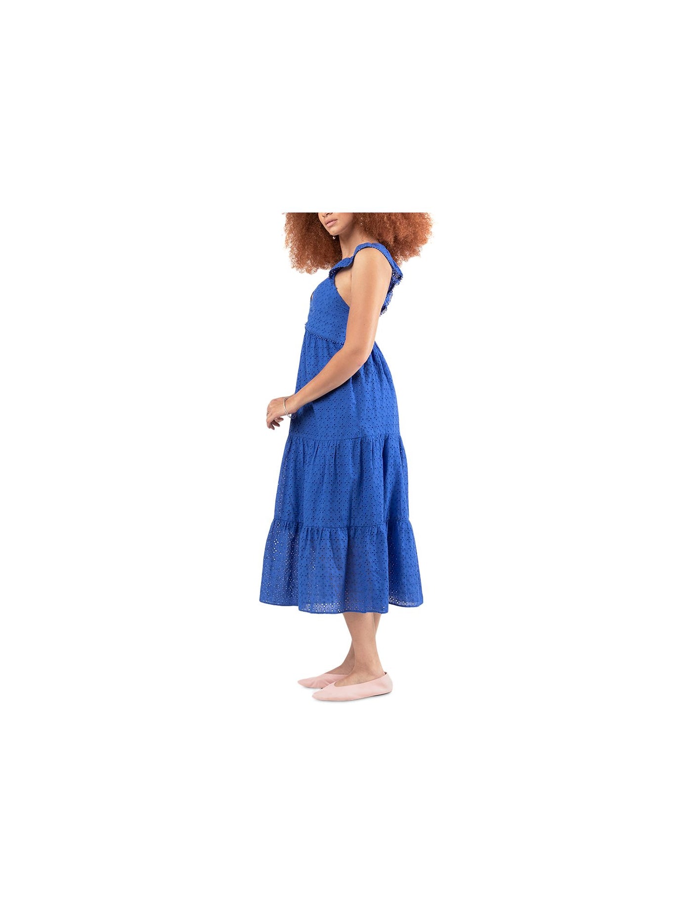 BLACK TAPE Womens Blue Eyelet Smocked Pullover Tiered Skirt Lined Sleeveless Sweetheart Neckline Midi Fit + Flare Dress M