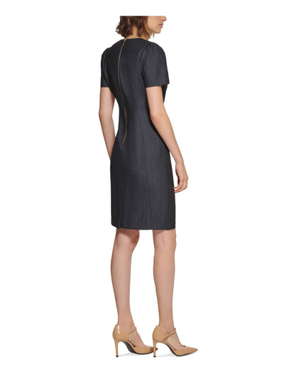CALVIN KLEIN Womens Navy Zippered Slitted Unlined Pouf Sleeve Round Neck Above The Knee Wear To Work Sheath Dress Petites 2P