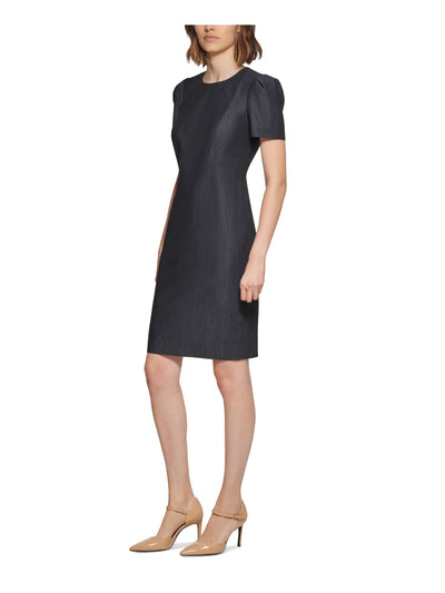 CALVIN KLEIN Womens Navy Zippered Slitted Unlined Pouf Sleeve Round Neck Above The Knee Wear To Work Sheath Dress Petites 2P
