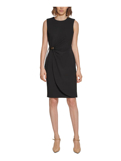 CALVIN KLEIN Womens Black Zippered Hooked Faux-wrap-drape Sleeveless Jewel Neck Above The Knee Wear To Work Sheath Dress 4