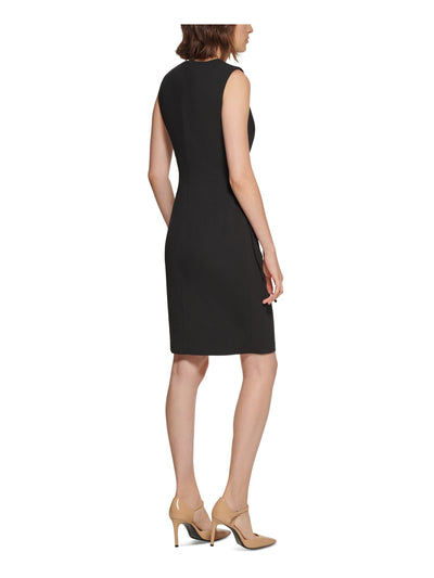 CALVIN KLEIN Womens Black Zippered Hooked Faux-wrap-drape Sleeveless Jewel Neck Above The Knee Wear To Work Sheath Dress 4