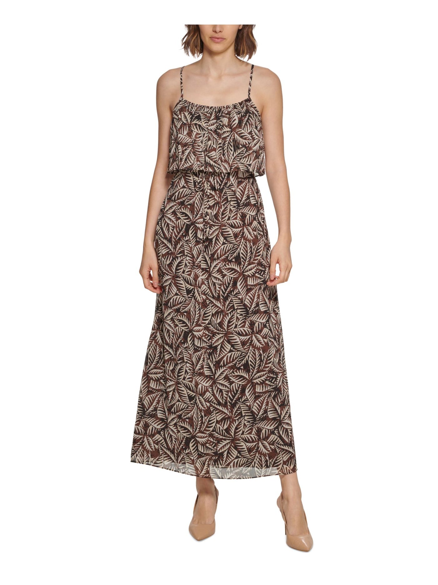 CALVIN KLEIN Womens Brown Adjustable Popover Lined Tie Belt Printed Spaghetti Strap Square Neck Maxi Fit + Flare Dress 12