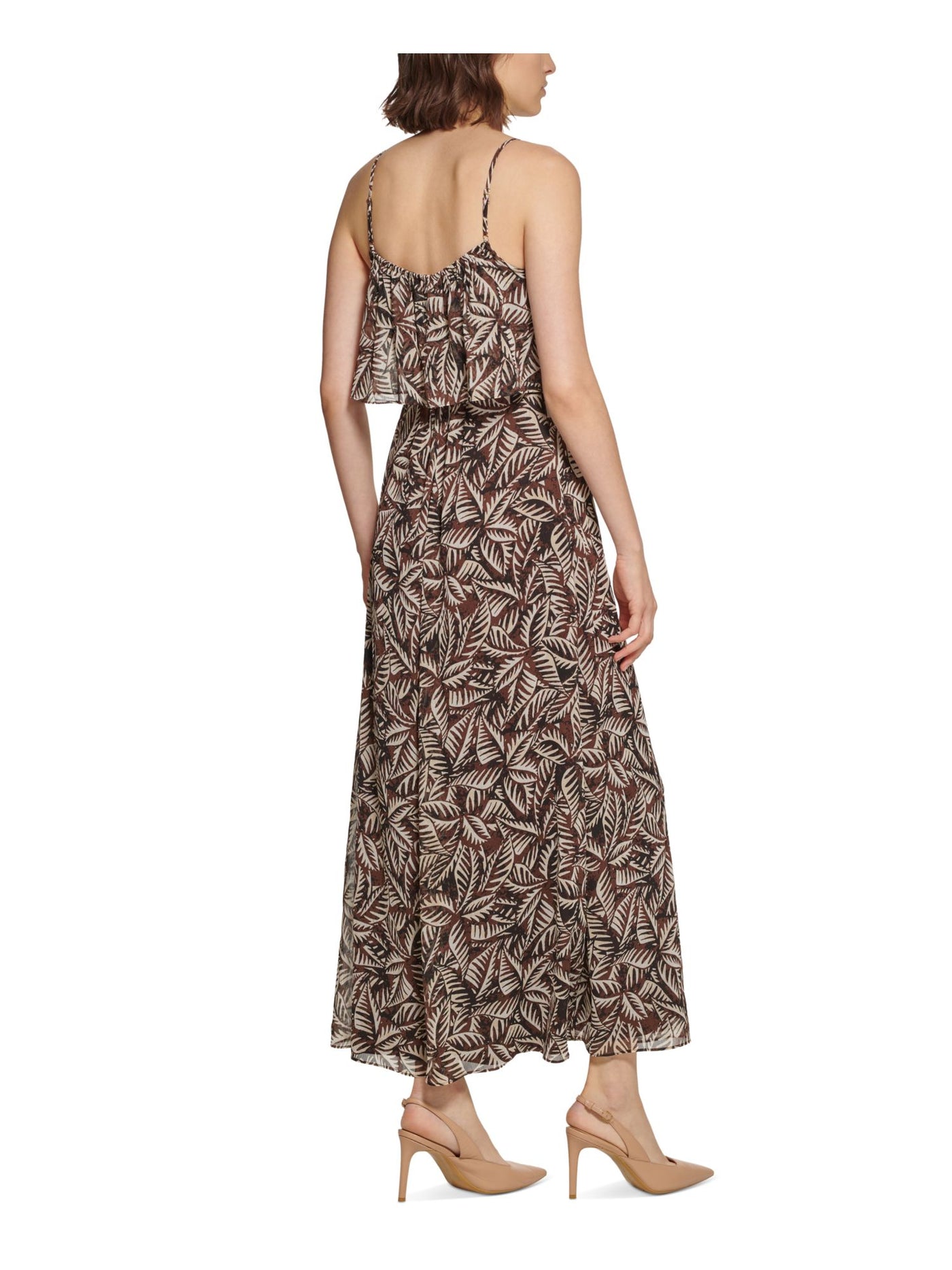 CALVIN KLEIN Womens Brown Adjustable Popover Lined Tie Belt Printed Spaghetti Strap Square Neck Maxi Fit + Flare Dress 12