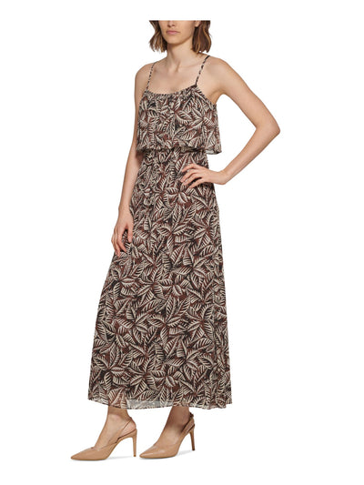 CALVIN KLEIN Womens Brown Adjustable Popover Lined Tie Belt Printed Spaghetti Strap Square Neck Maxi Fit + Flare Dress 12