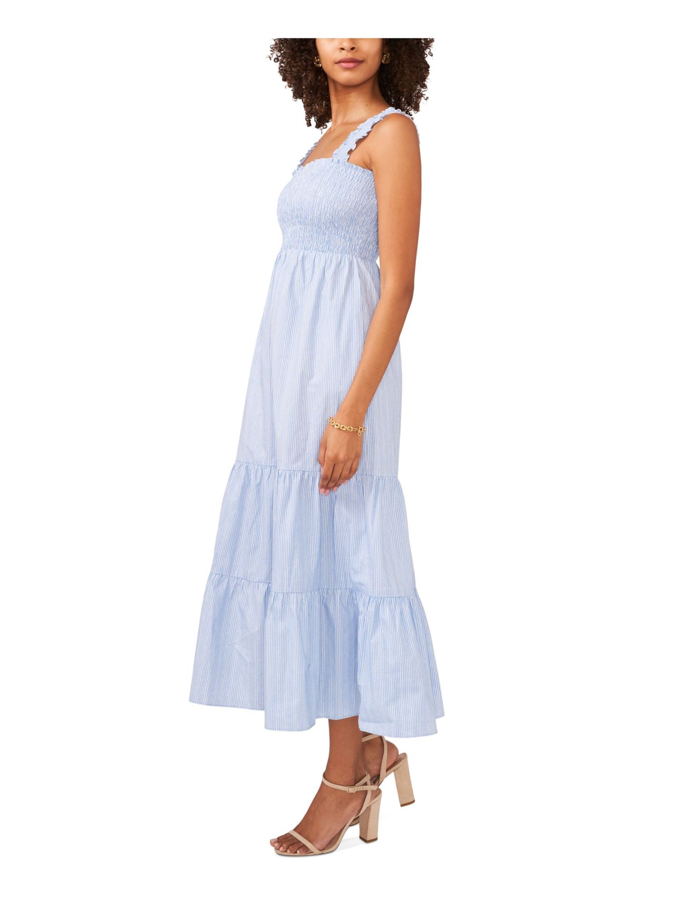 CECE Womens Blue Smocked Tiered Striped Sleeveless Square Neck Midi Fit + Flare Dress XS
