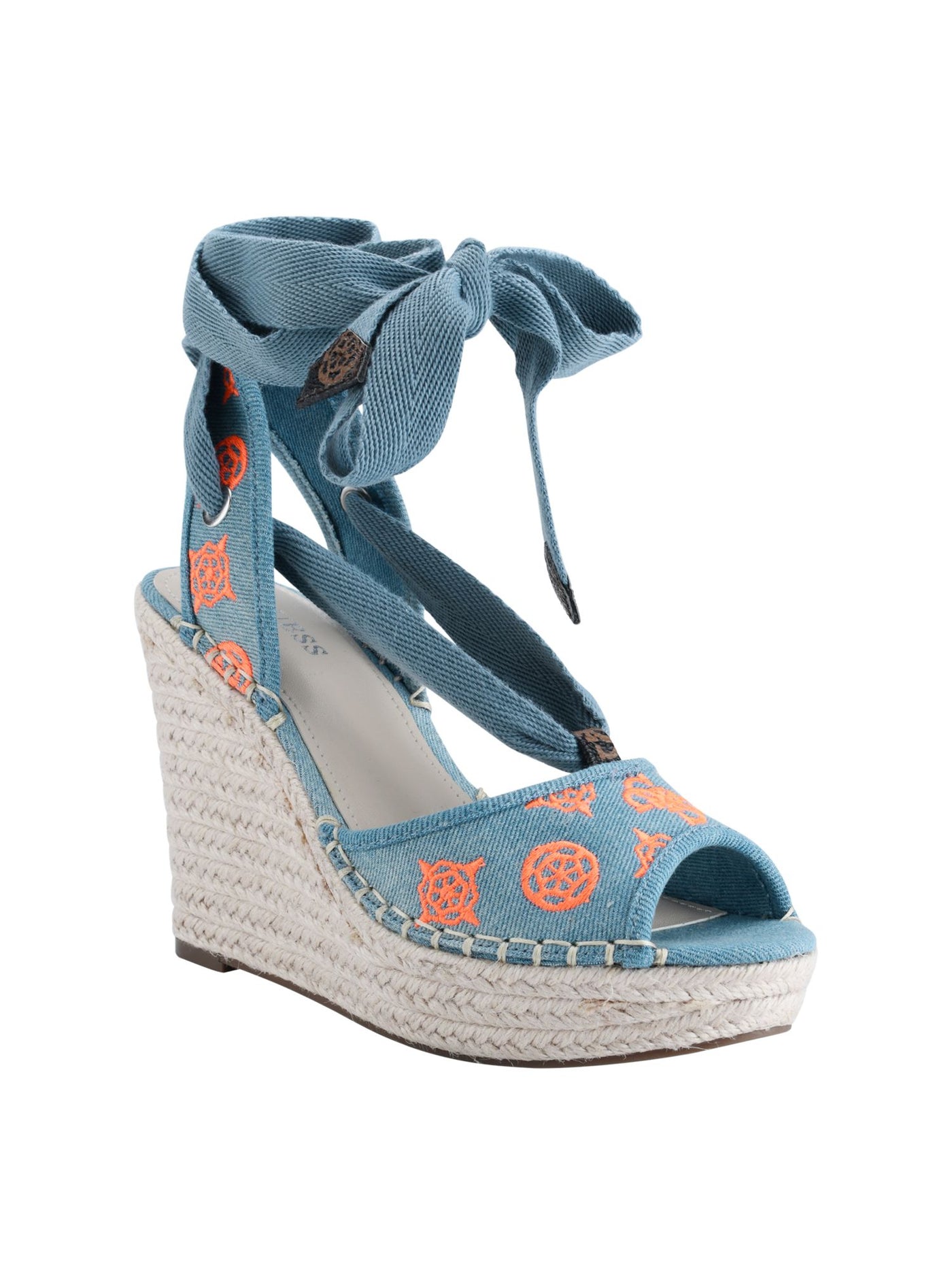 GUESS Womens Blue Patterned 1-1/2" Platform Ankle Wrap Padded Halona Peep Toe Wedge Lace-Up Espadrille Shoes 8.5 M