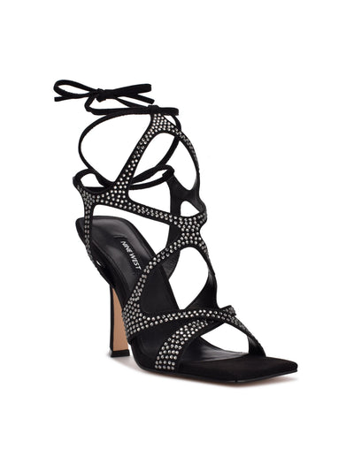 NINE WEST Womens Black Ankle Wrap Strappy Cushioned Embellished Cut Out Alanah Square Toe Sculpted Heel Lace-Up Heeled Sandal 9.5 M