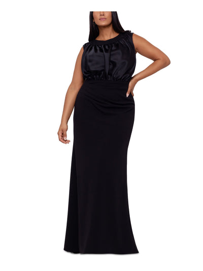 BETSY & ADAM Womens Black Zippered Pleated Gathered Lined Sleeveless Round Neck Full-Length Evening Gown Dress Plus 18W