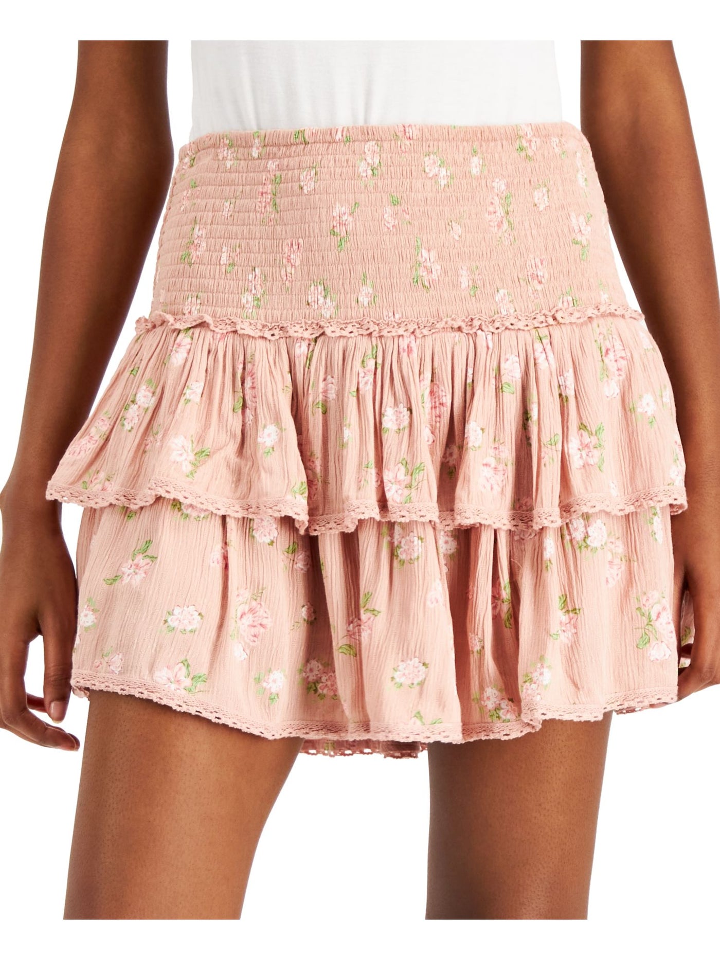 LUCKY BRAND Womens Pink Smocked Pull-on Tiered Lined Floral Mini A-Line Skirt Plus XXL