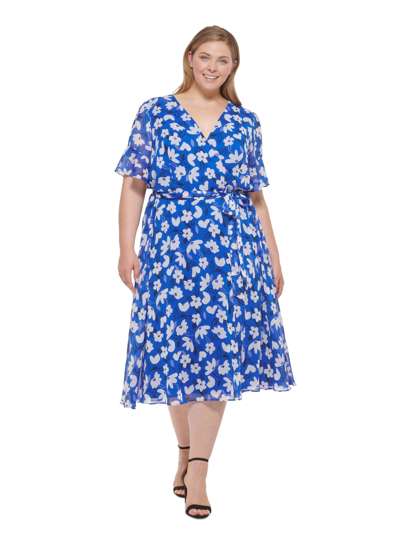 DKNY Womens Blue Zippered Sheer Ruffled Cuffs Tie Belt Lined Floral Short Sleeve Surplice Neckline Midi Wear To Work Faux Wrap Dress Plus 16W