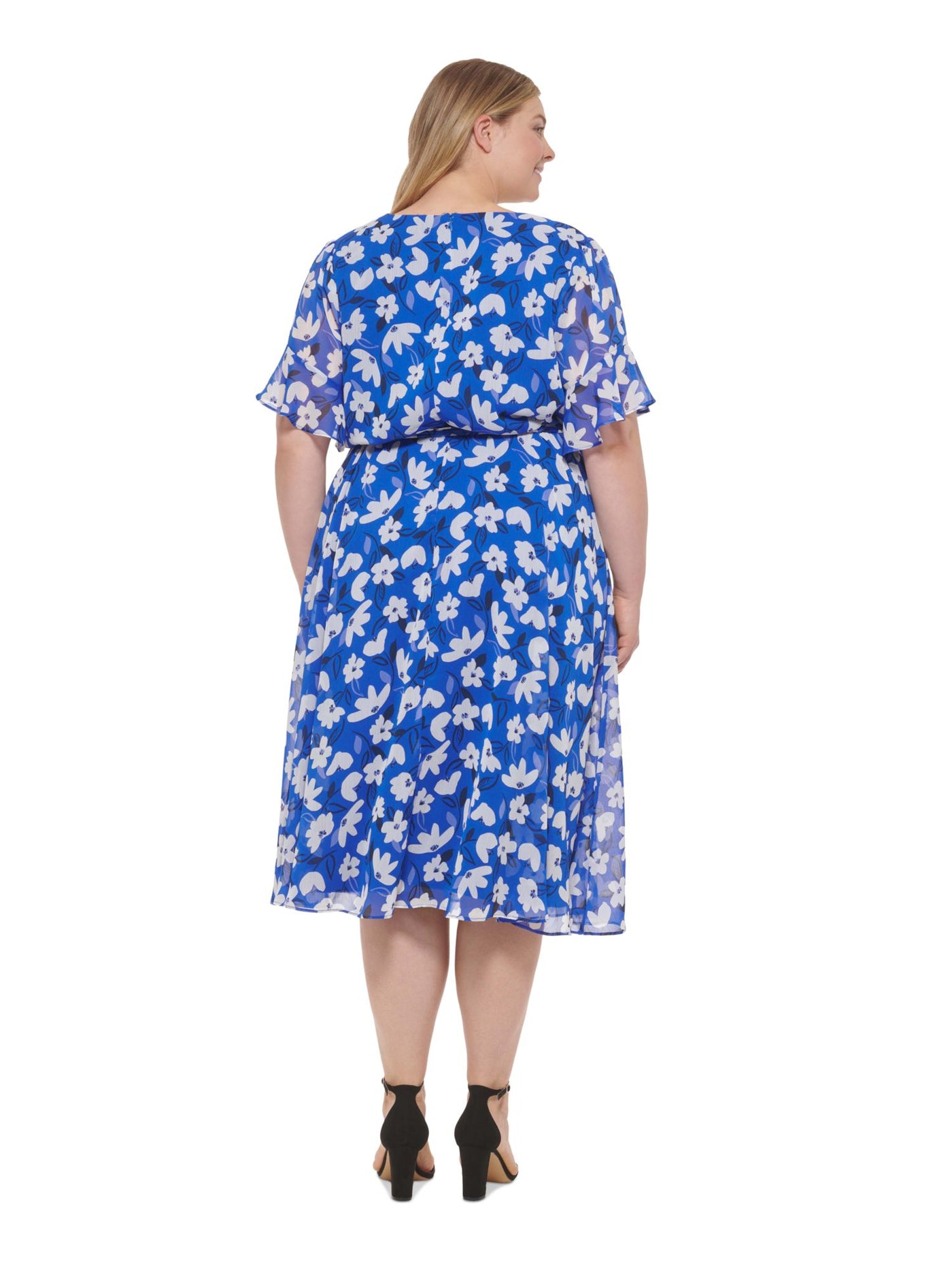 DKNY Womens Blue Zippered Sheer Ruffled Cuffs Tie Belt Lined Floral Short Sleeve Surplice Neckline Midi Wear To Work Faux Wrap Dress Plus 16W