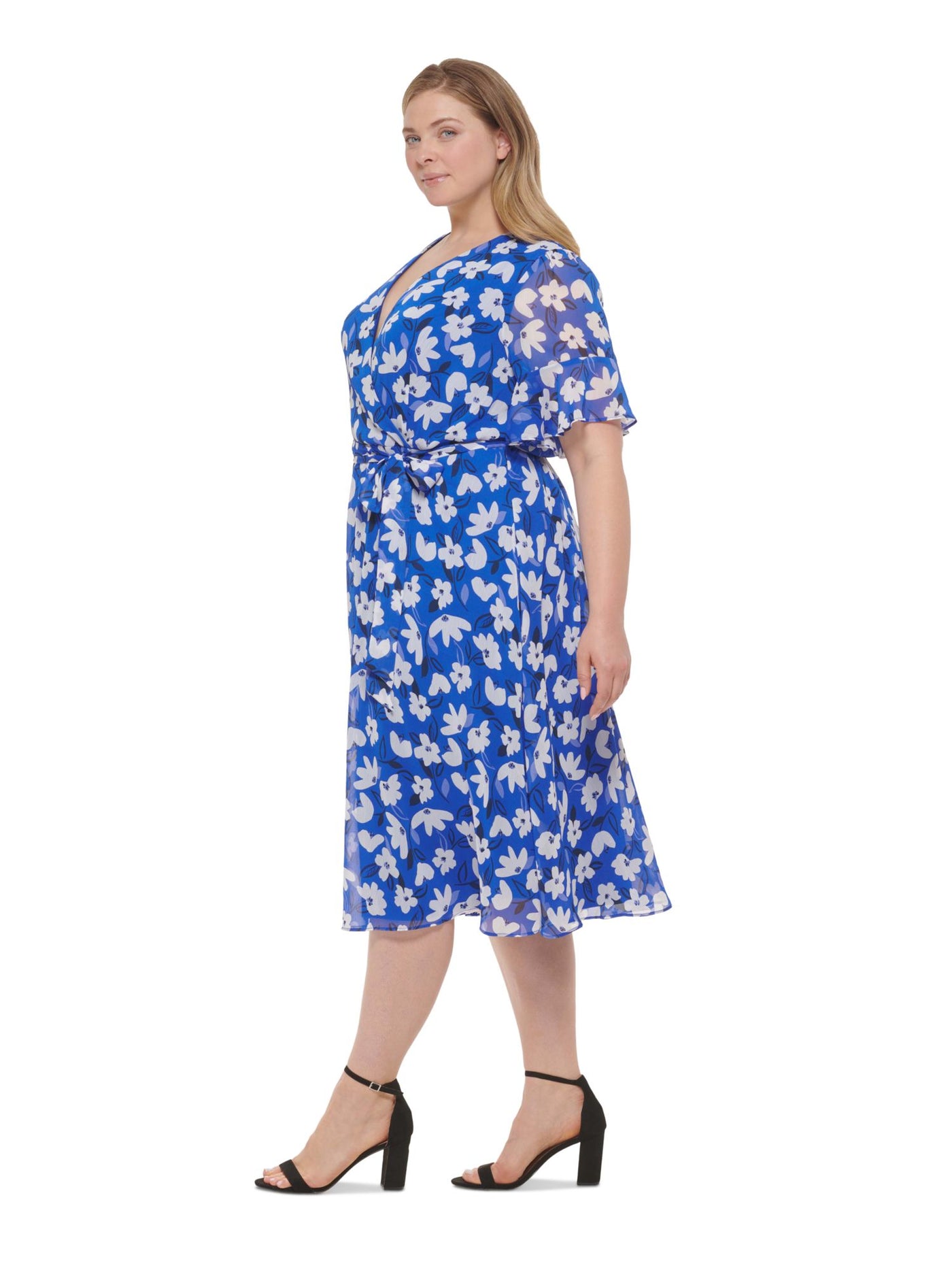 DKNY Womens Blue Zippered Sheer Ruffled Cuffs Tie Belt Lined Floral Short Sleeve Surplice Neckline Midi Wear To Work Faux Wrap Dress Plus 16W