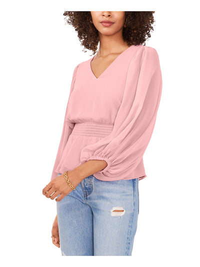 VINCE CAMUTO Womens Pink Smocked Sheer Lined Pullover Blouson Sleeve V Neck Wear To Work Top L