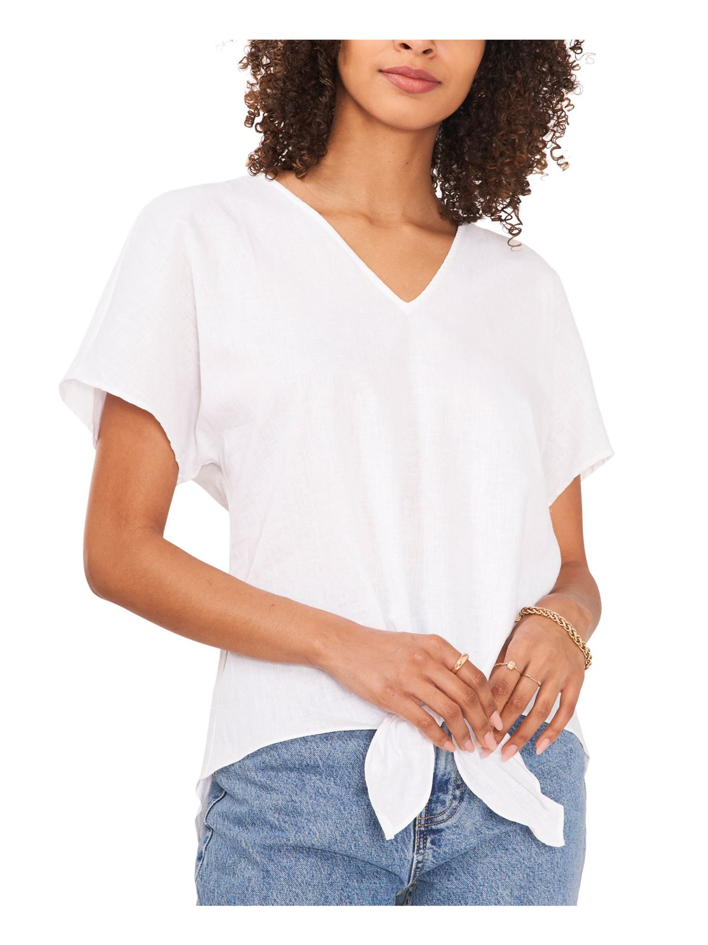 VINCE CAMUTO Womens White Short Sleeve V Neck Top XS