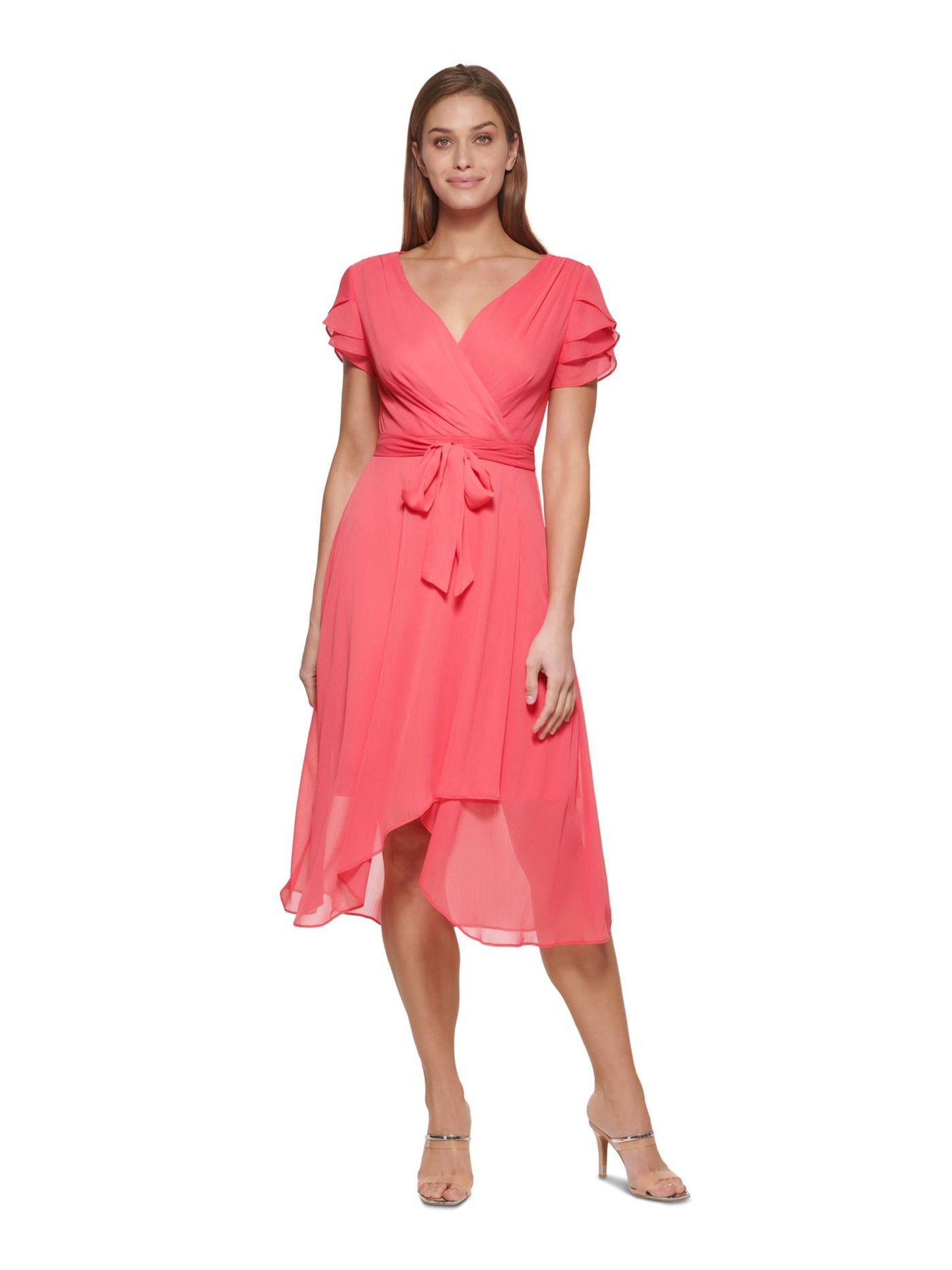 DKNY Womens Coral Textured Zippered Sheer Lined Tie Belt Pleated Flutter Sleeve Surplice Neckline Midi Faux Wrap Dress Petites 2P