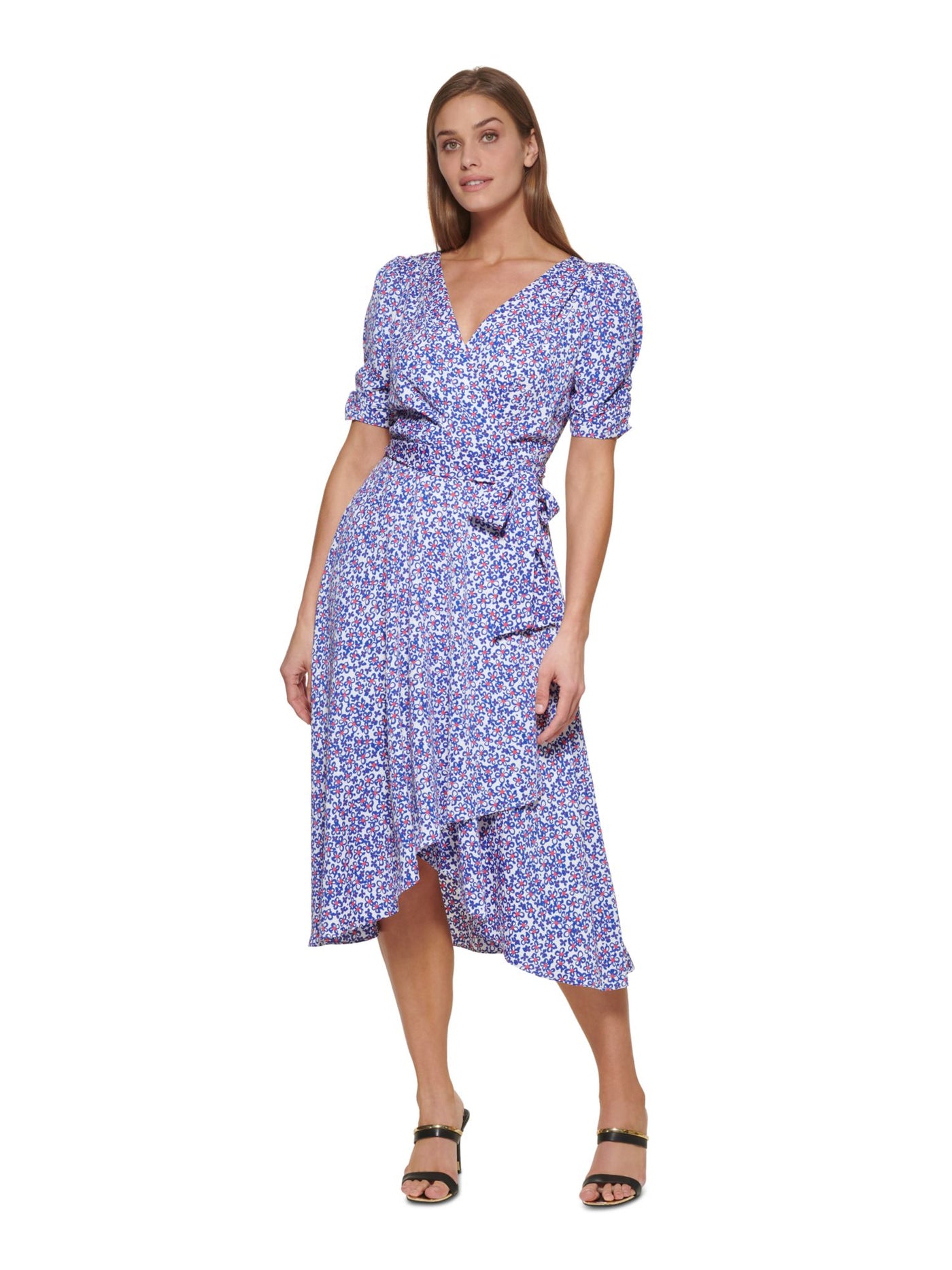 DKNY Womens Pleated Floral Pouf Sleeve Surplice Neckline Midi Faux Wrap Dress