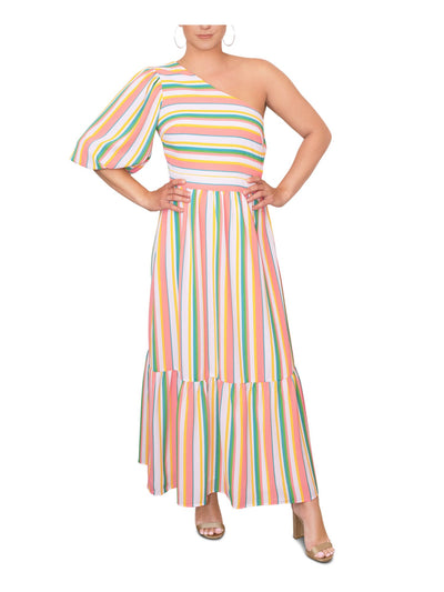 RACHEL RACHEL ROY Womens White Zippered Tiered Hem Lined Striped Pouf Sleeve Asymmetrical Neckline Maxi Fit + Flare Dress 2