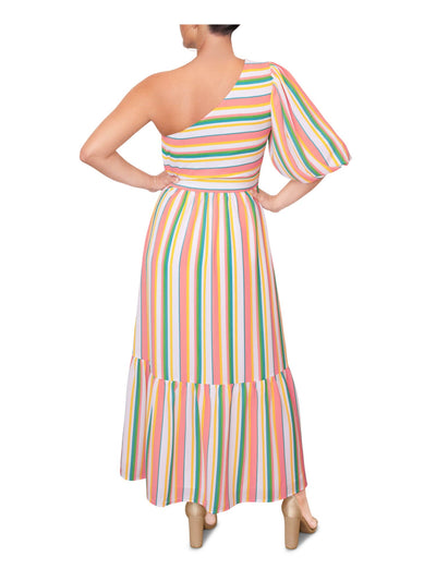 RACHEL RACHEL ROY Womens White Zippered Tiered Hem Lined Striped Pouf Sleeve Asymmetrical Neckline Maxi Fit + Flare Dress 0