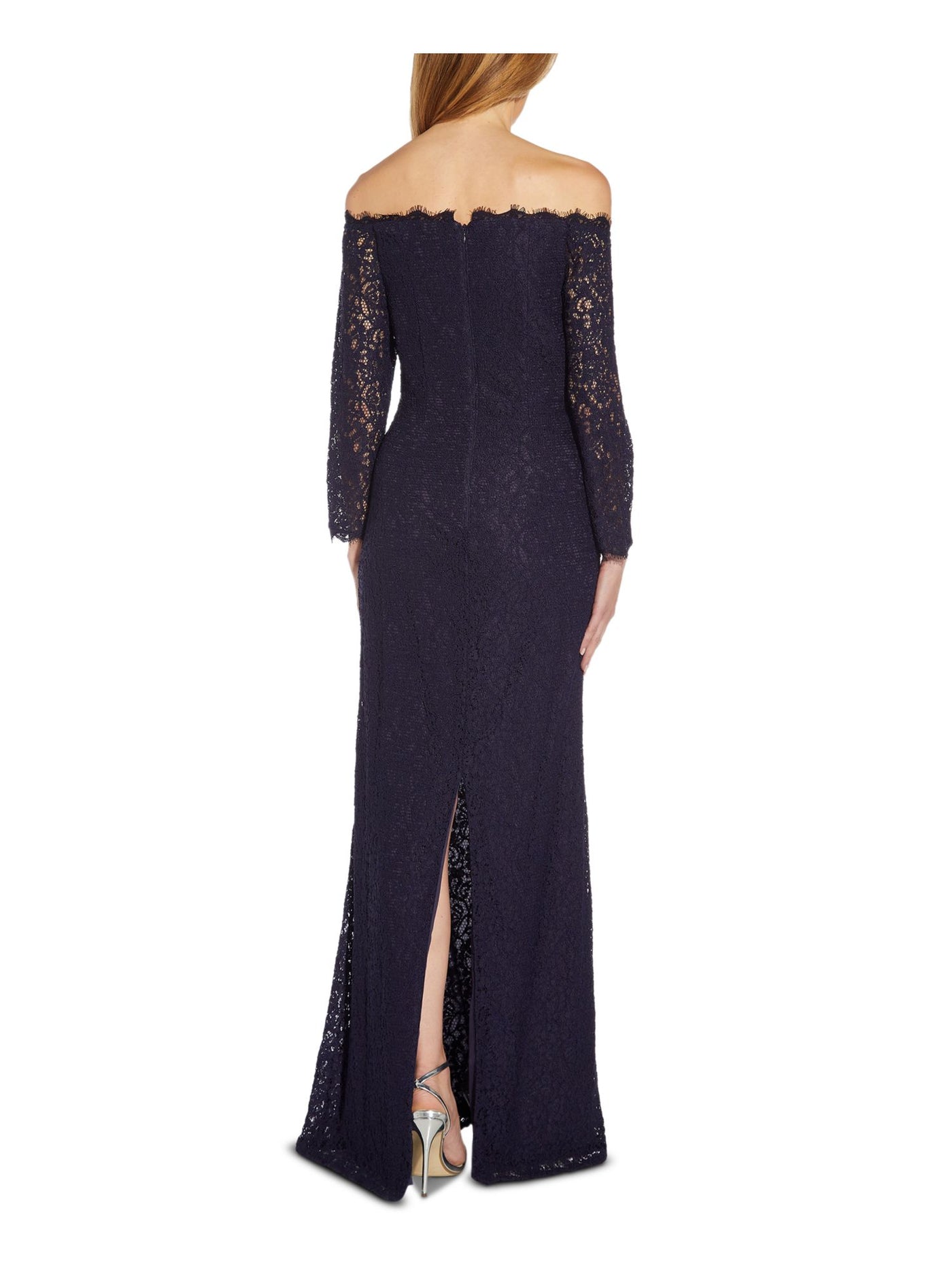ADRIANNA PAPELL Womens Navy Lace Zippered Lined Long Sleeve Strapless Full-Length Cocktail Sheath Dress 14