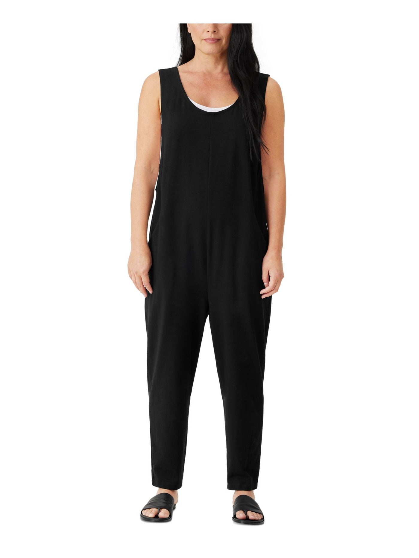 EILEEN FISHER Womens Black Pocketed Relaxed Fit Sleeveless Scoop Neck Straight leg Jumpsuit Petites PP