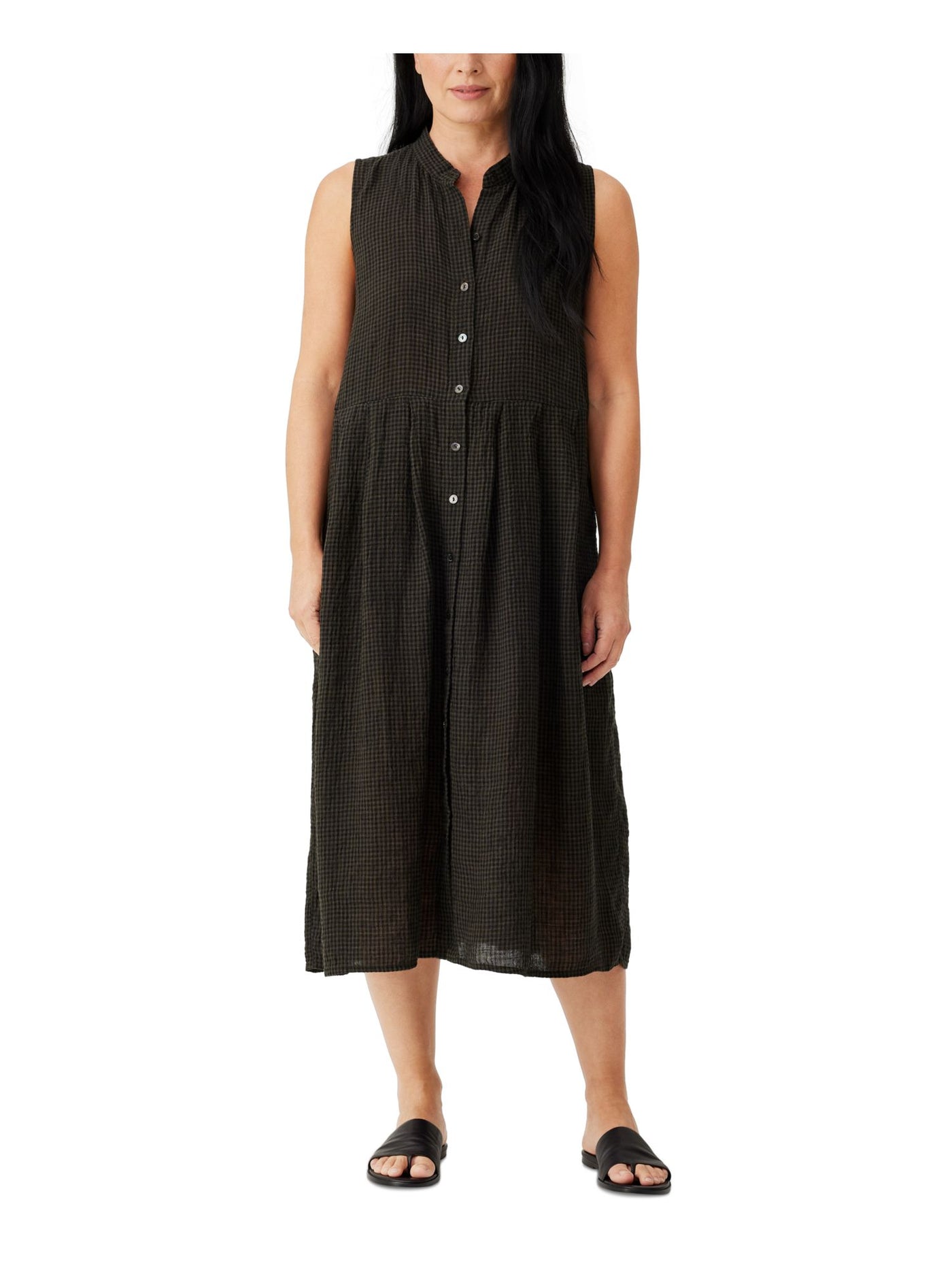 EILEEN FISHER PETITE Womens Green Pleated Unlined Mandarin-collar Button Up Sheer Check Sleeveless Midi Shift Dress Petites PL