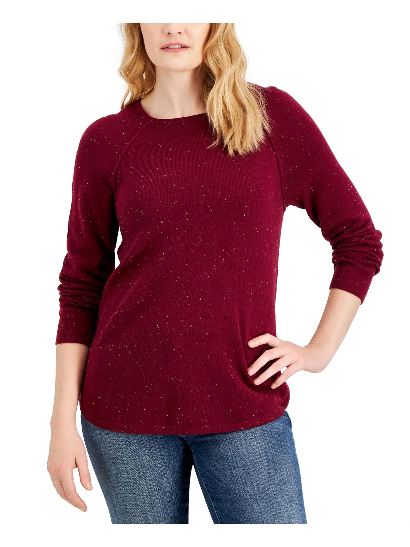 KAREN SCOTT Womens Burgundy Cotton Ribbed Curved Hem Speckle Long Sleeve Round Neck Wear To Work Sweater Plus 2X