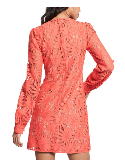 MICHAEL MICHAEL KORS Womens Coral Zippered Lined Sheer Button Cuffs Floral Long Sleeve Round Neck Short Cocktail Fit + Flare Dress 0