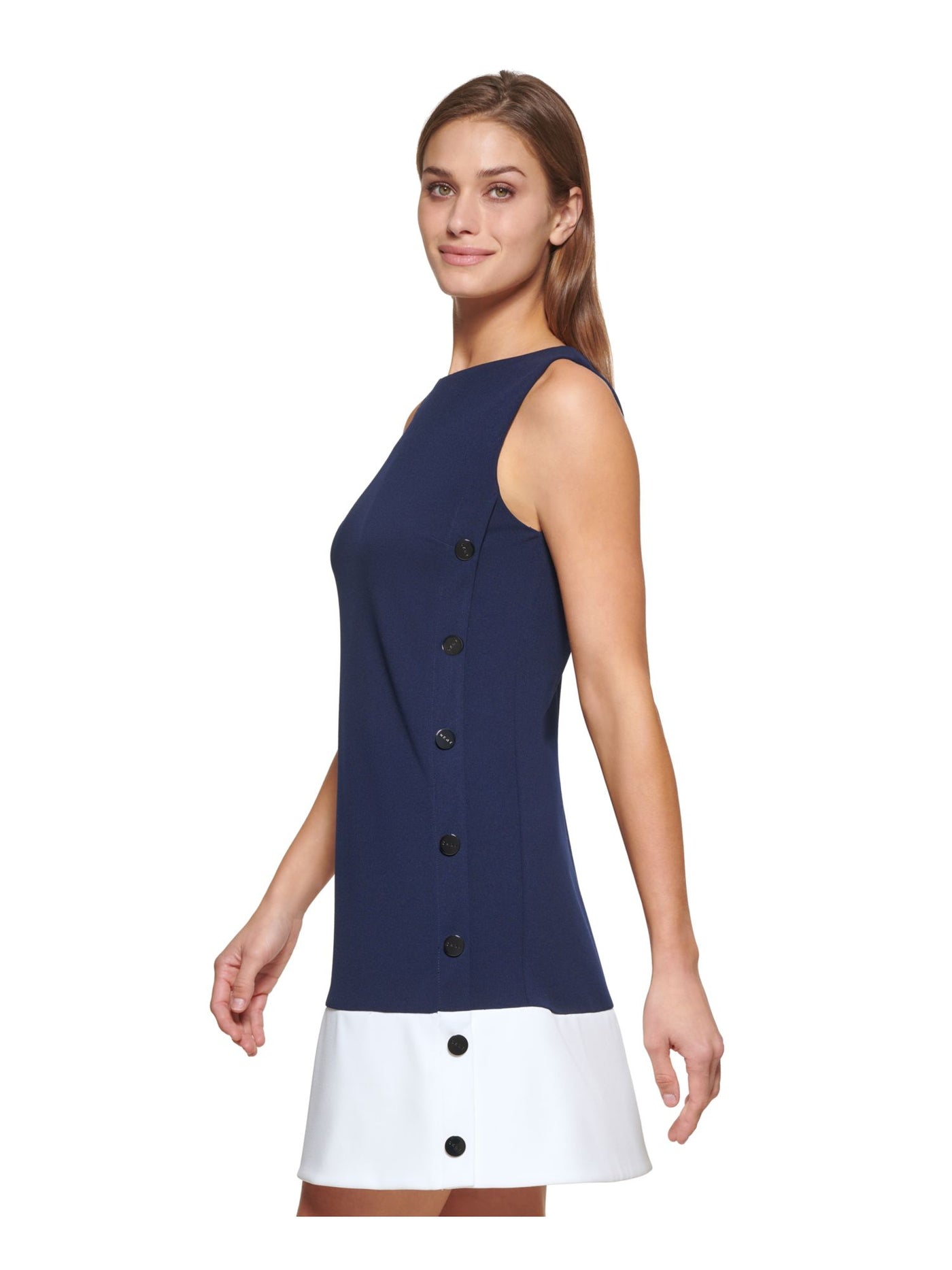 DKNY Womens Navy Zippered Decorative Button Side Color Block Sleeveless Crew Neck Short Shift Dress 2