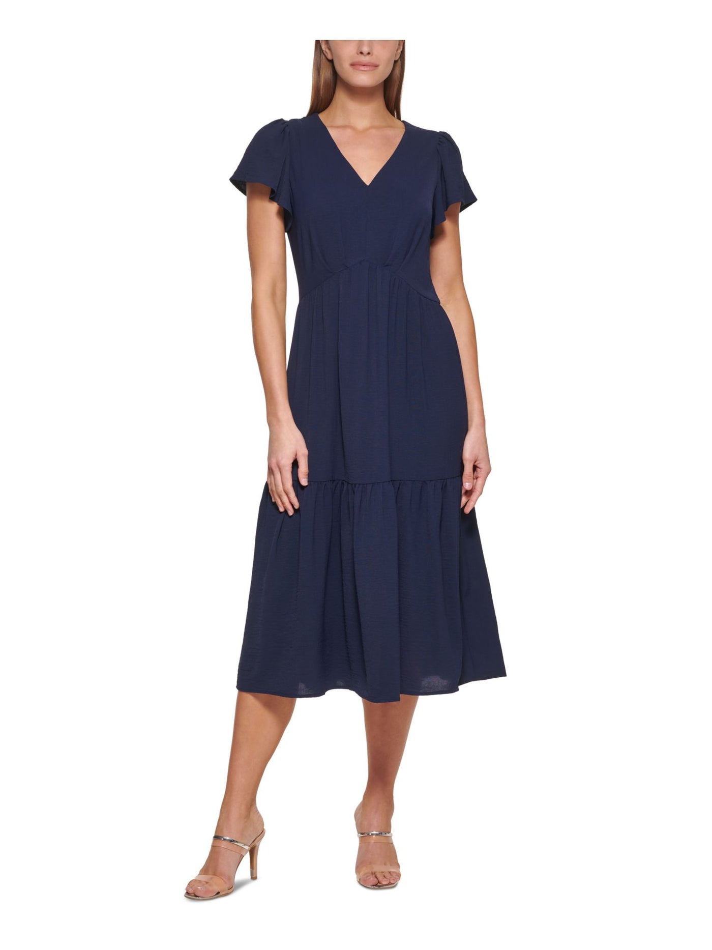 DKNY Womens Navy Textured Zippered Tiered Unlined Pleated Flutter Sleeve V Neck Midi Fit + Flare Dress 10