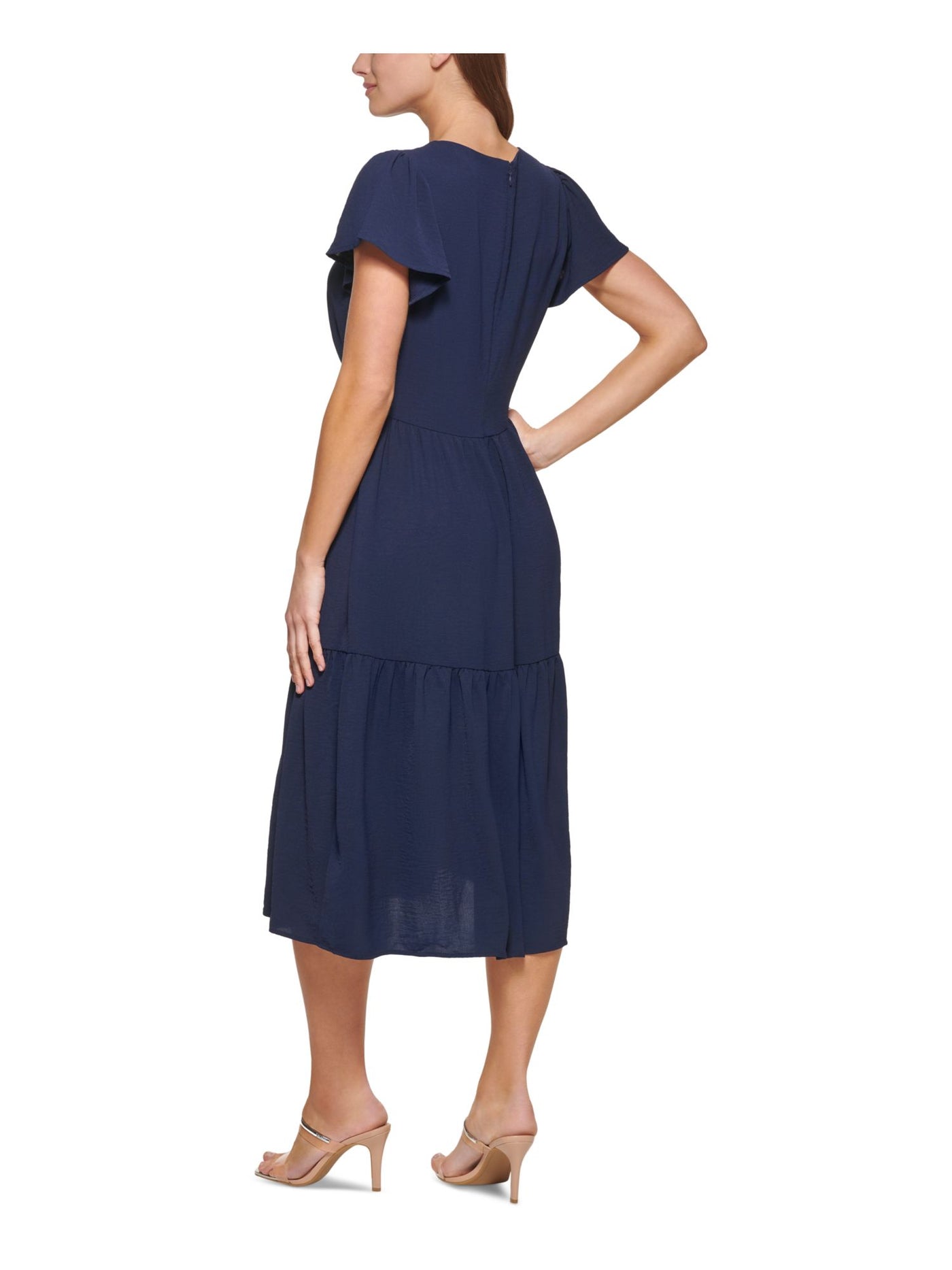 DKNY Womens Navy Textured Zippered Tiered Unlined Pleated Flutter Sleeve V Neck Midi Fit + Flare Dress 10