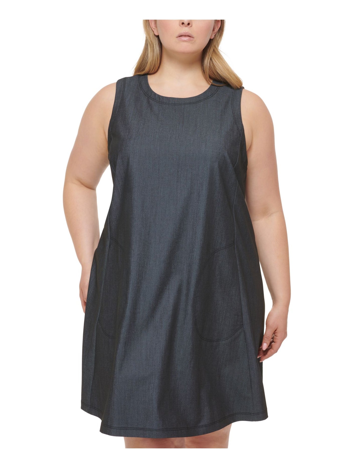 CALVIN KLEIN Womens Gray Zippered Unlined Pocketed Heather Sleeveless Round Neck Above The Knee Wear To Work Shift Dress Plus 16W