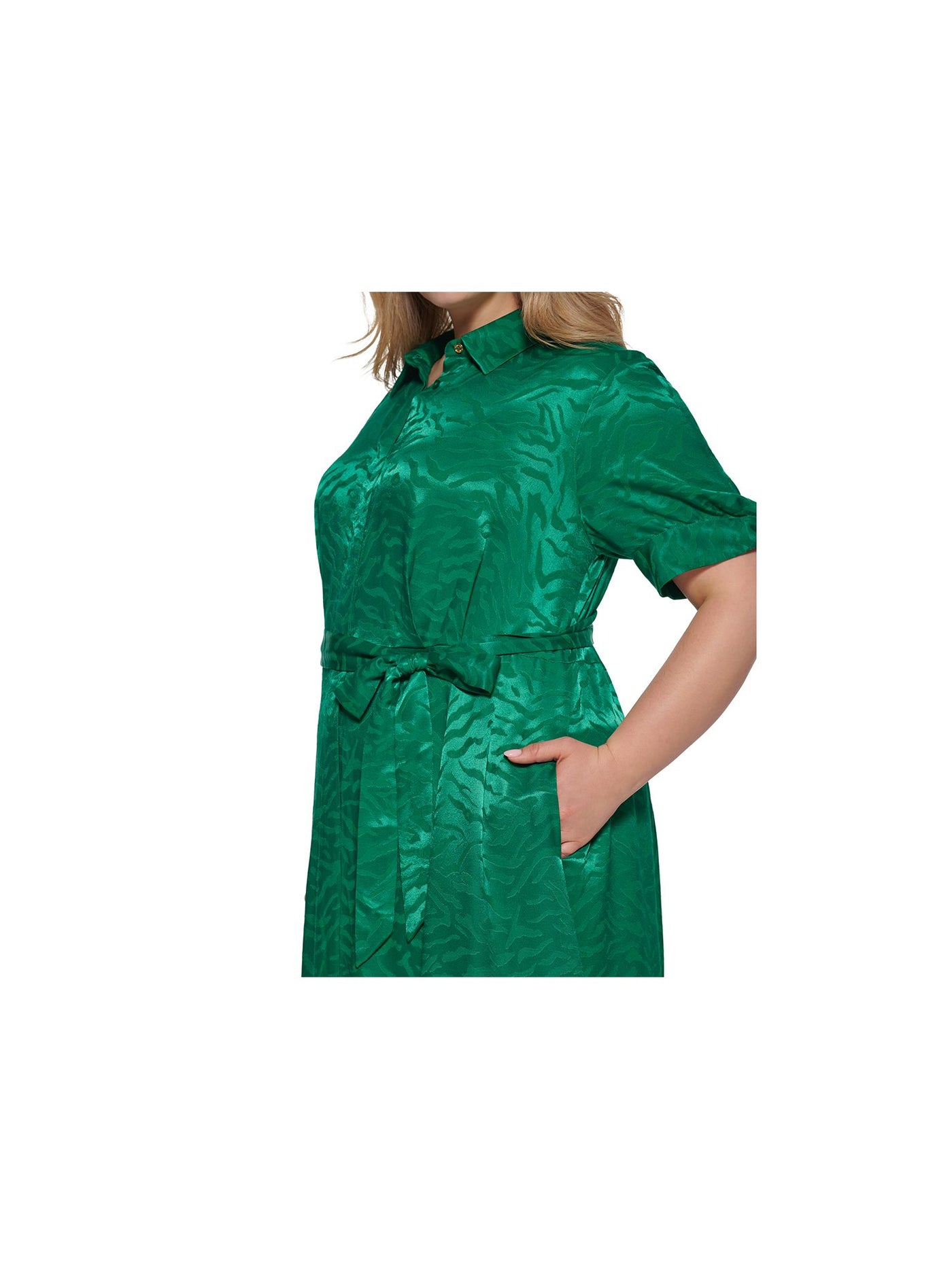 CALVIN KLEIN Womens Green Belted Button Down Short Sleeve Collared Midi Shift Dress Plus 22W