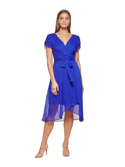 DKNY Womens Blue Textured Zippered Sheer Lined Tie Belt Ruffled Flutter Sleeve Surplice Neckline Midi Faux Wrap Dress 2