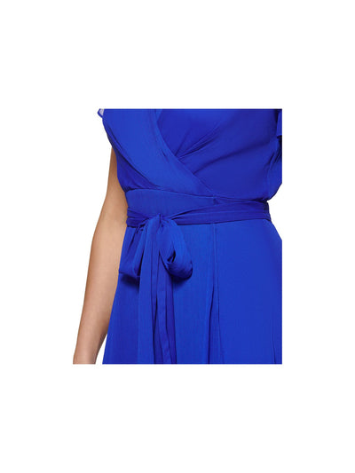 DKNY Womens Blue Textured Zippered Sheer Lined Tie Belt Ruffled Flutter Sleeve Surplice Neckline Midi Faux Wrap Dress 2