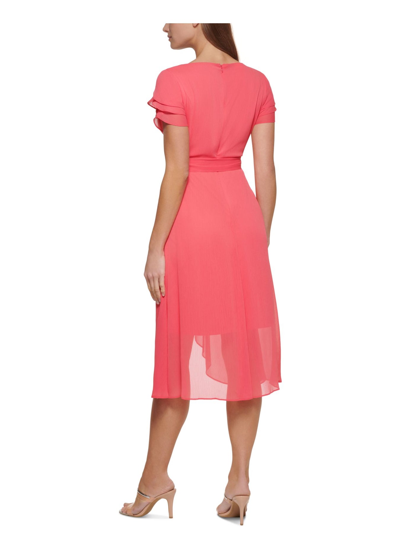 DKNY Womens Pink Zippered Lined Tiered Short Sleeves Tie-belt Surplice Neckline Below The Knee Wear To Work Faux Wrap Dress 2