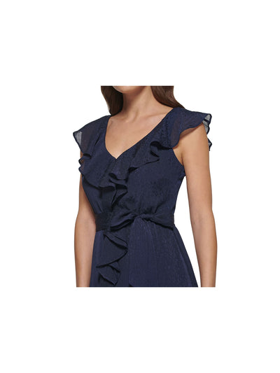 DKNY Womens Navy Ruffled Textured Zippered Self Tie Sash Lined Flutter Sleeve V Neck Midi Party Hi-Lo Dress 16