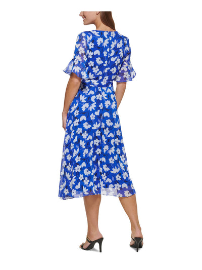DKNY Womens Blue Zippered Belted Short Ruffled Sleeves Lined Floral Surplice Neckline Below The Knee Wear To Work Faux Wrap Dress 10