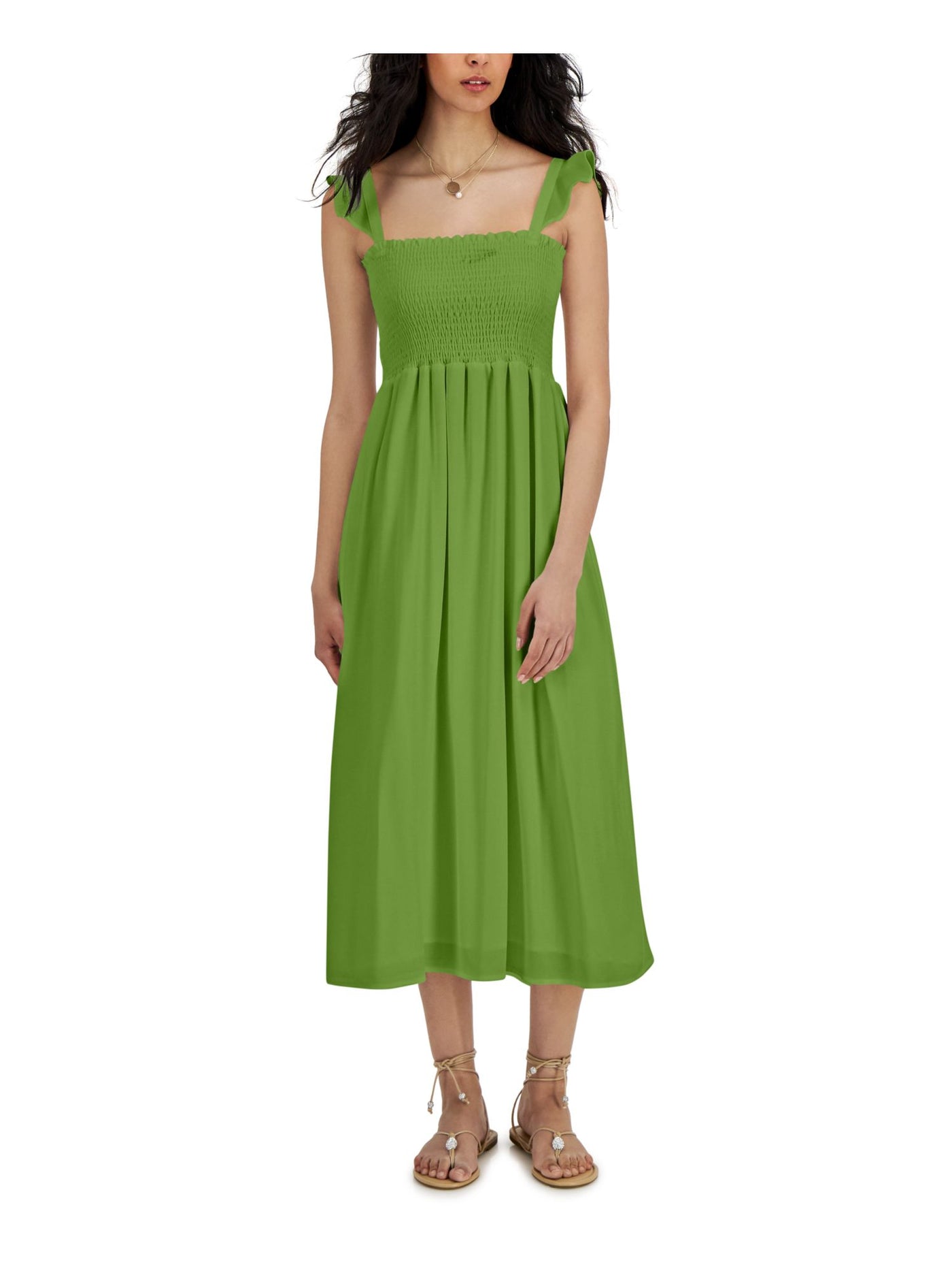 INC DRESSES Womens Green Smocked Ruffled Pullover Sleeveless Square Neck Midi Fit + Flare Dress 8