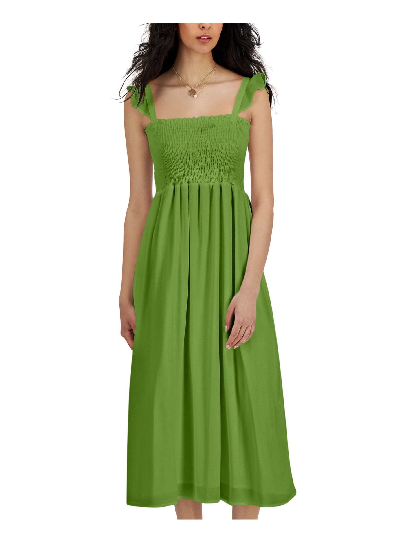 INC DRESSES Womens Green Smocked Ruffled Pullover Sleeveless Square Neck Midi Fit + Flare Dress 12