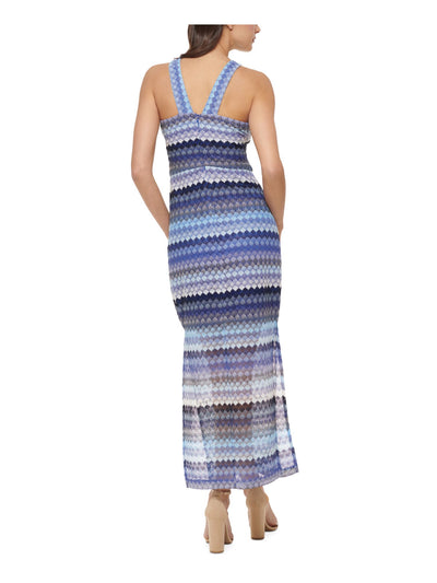 GUESS Womens Blue Zippered Slitted Keyhole Front Bra Cups Lined Striped Sleeveless Halter Maxi Sheath Dress 14