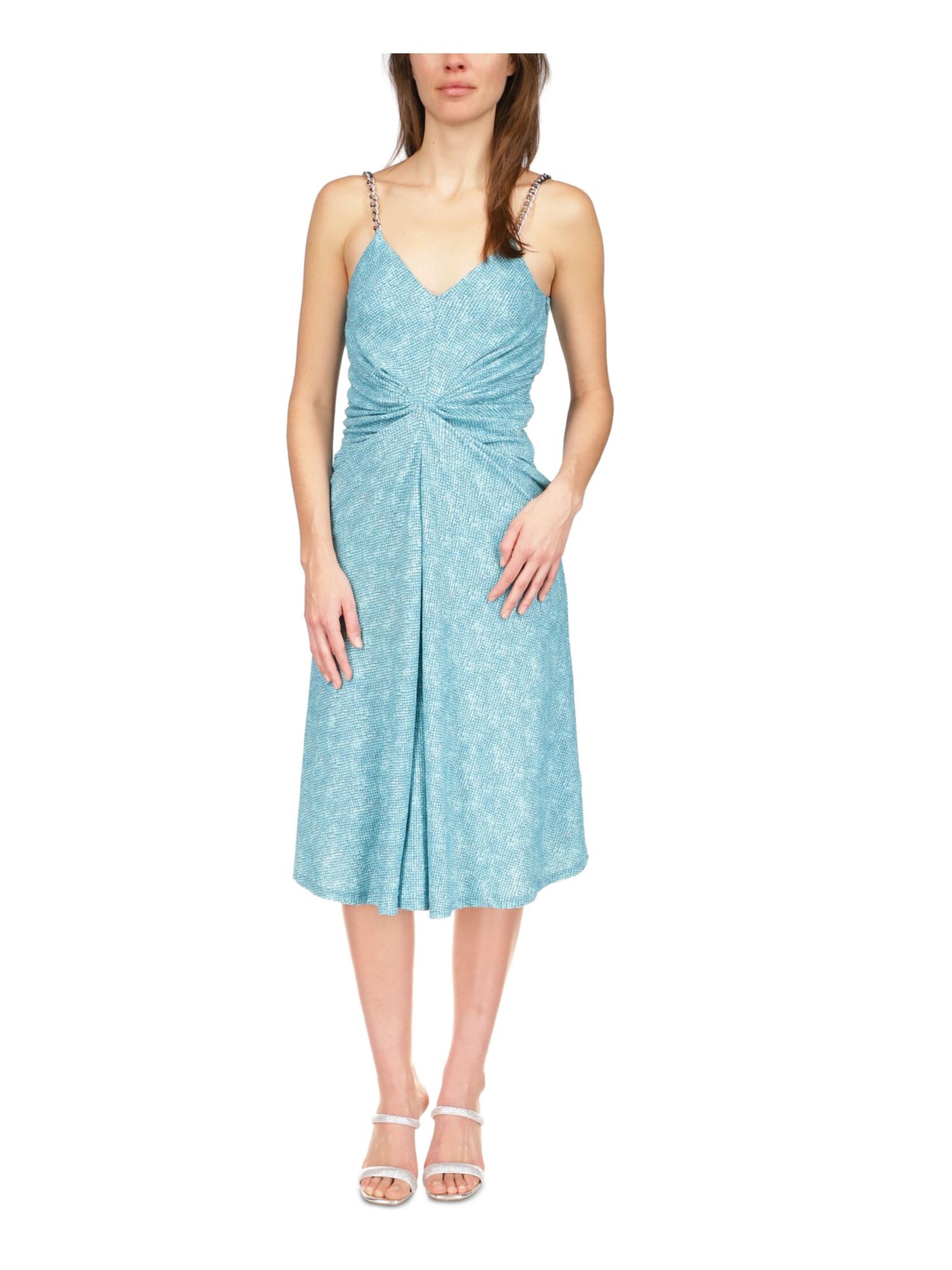 MICHAEL MICHAEL KORS Womens Teal Zippered Twist Front Chain Textured Adjustable Spaghetti Strap V Neck Below The Knee Fit + Flare Dress XS