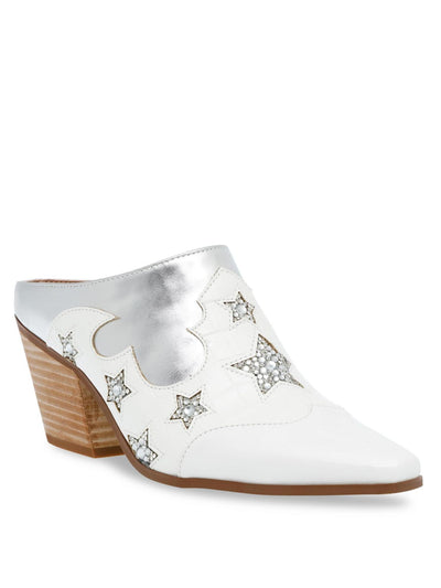 BETSEY JOHNSON Womens White Patterned Metallic Dennis Almond Toe Stacked Heel Slip On Heeled Mules Shoes 7 M